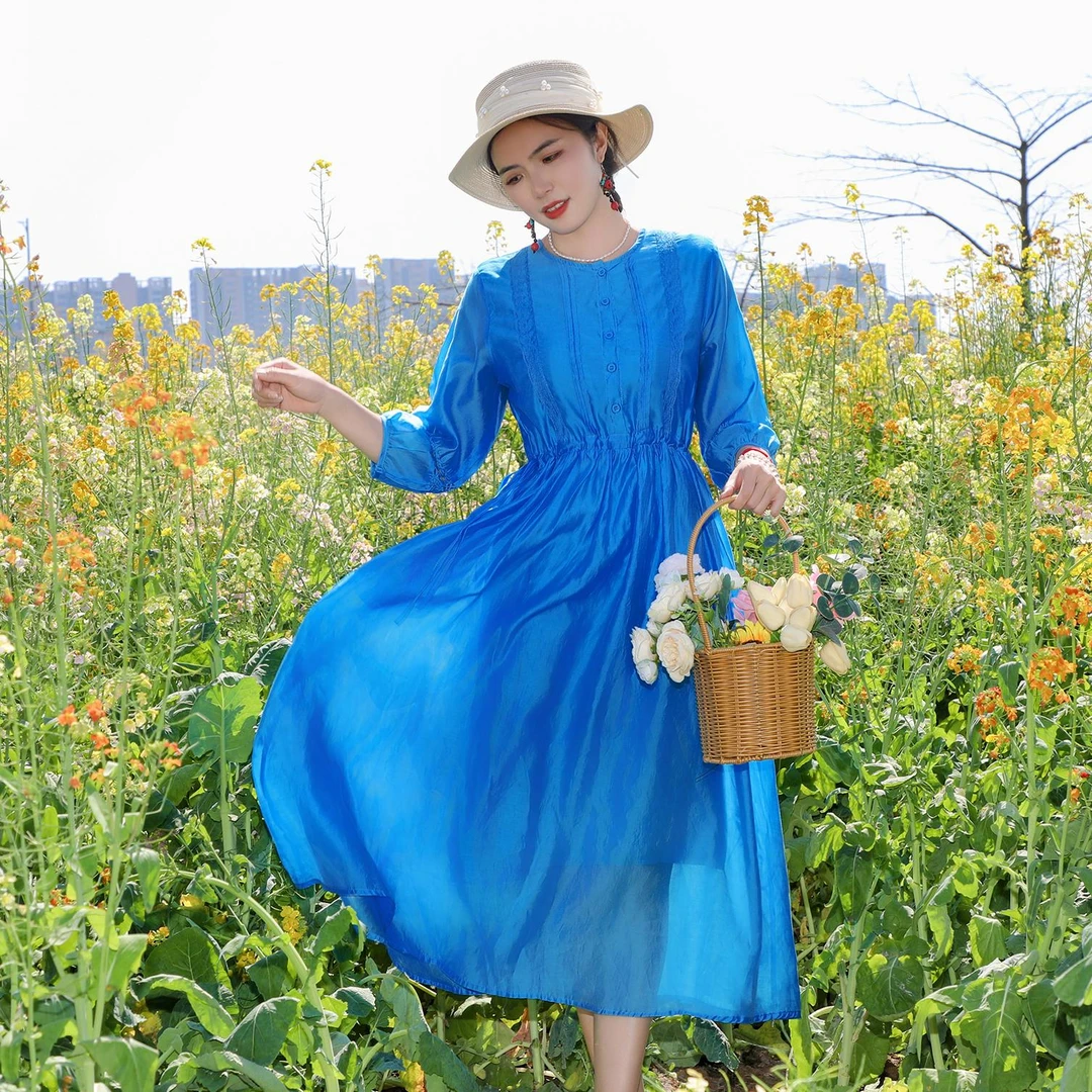 繁花（858）夏季气质高端文艺文旅风莱赛尔天丝宽松系带收腰连衣裙