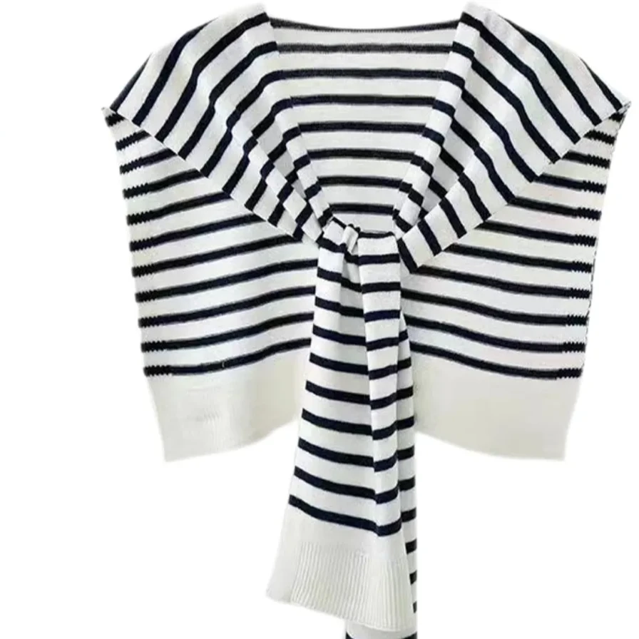 春秋百搭针织披肩条纹白色连衣裙搭配围巾文艺气质时尚秋季春夏