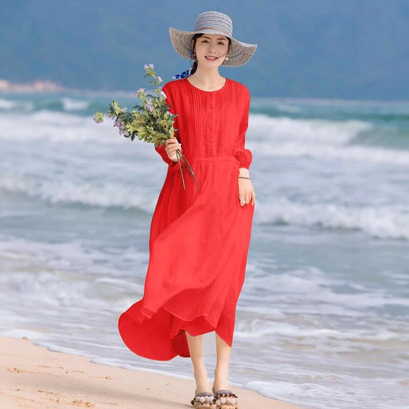 （858）夏季气质高端文艺文旅风莱赛尔天丝宽松系带收腰连衣裙长裙