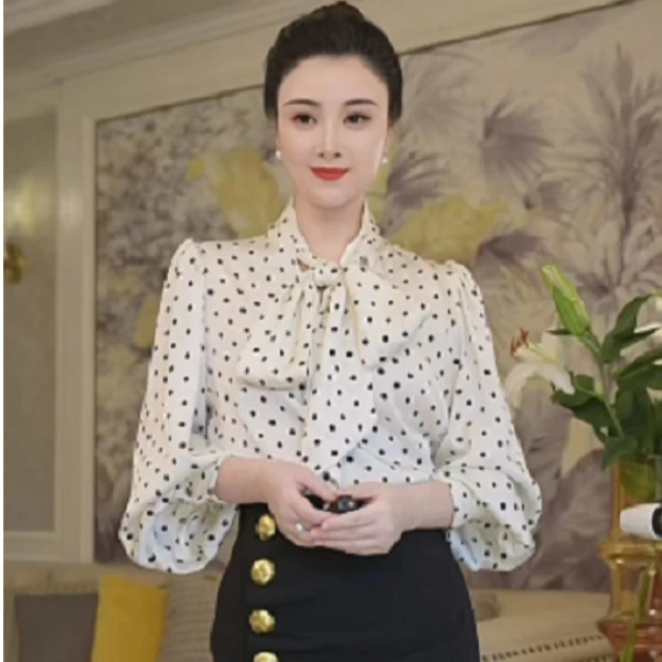 咪唐的妈咪专属——秋季新款优雅气质波点飘带衬衣