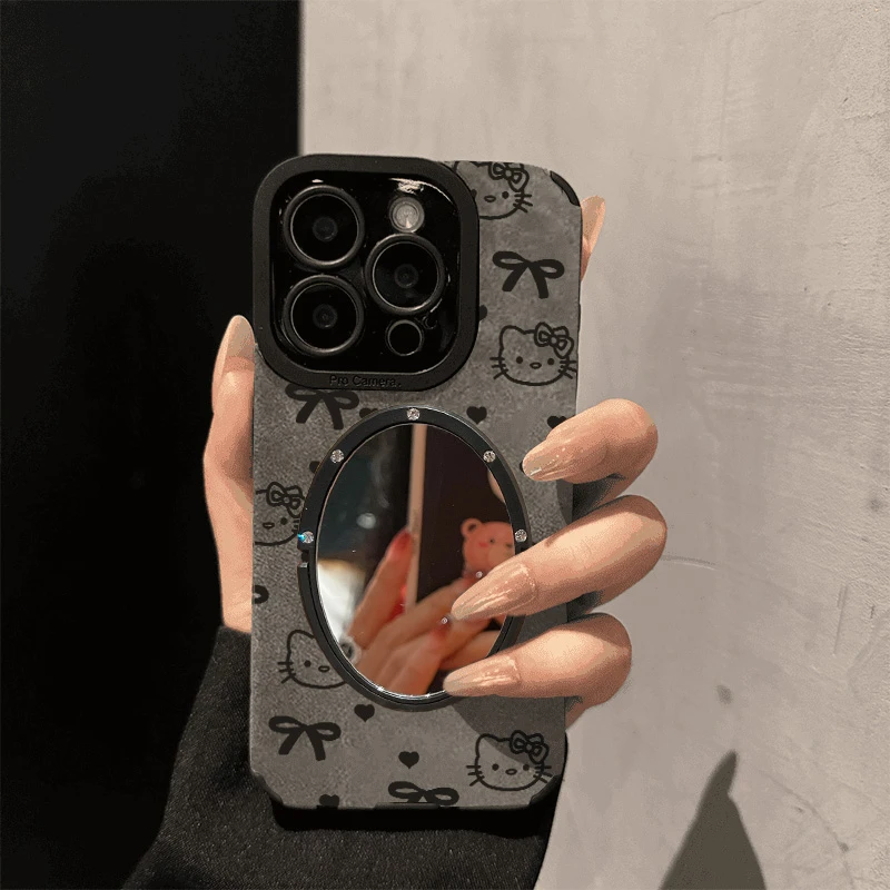 翻毛皮蝴蝶结KT猫14适用苹果15promax手机壳镜子iPhone16软13潮12