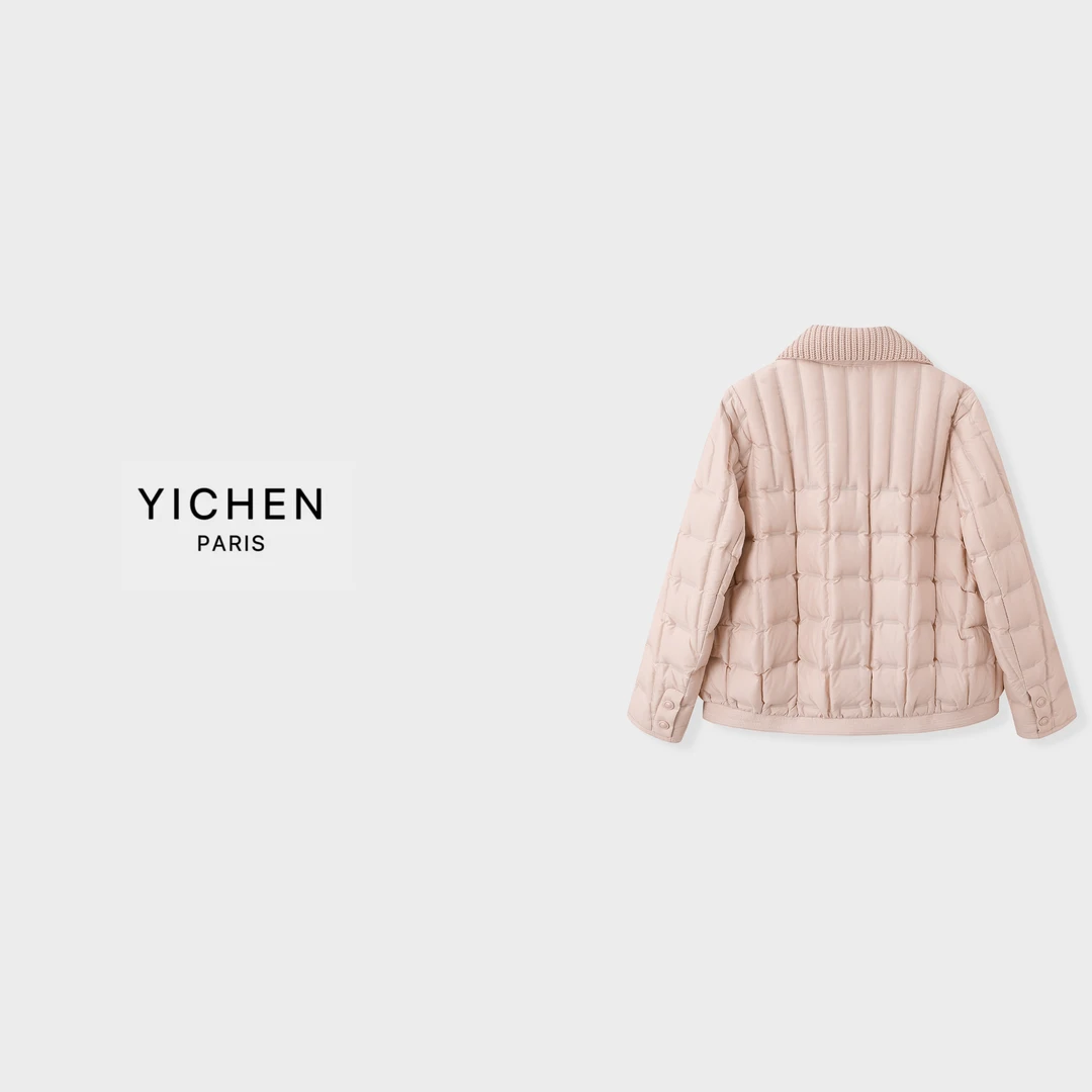 YC 杏粉色针织翻领双口袋数字廓形羽绒服-4099