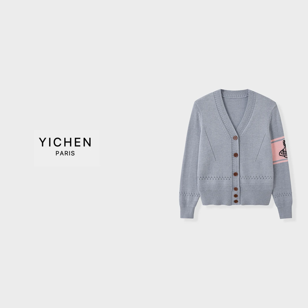 YC 土星系列提花灰粉色V领单排扣毛衣外套-2971