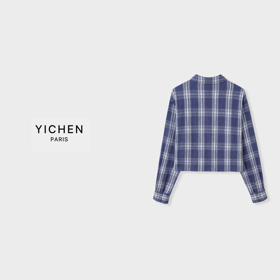 YC 蓝白格纹刺绣徽标短款单排扣衬衫外套-1707