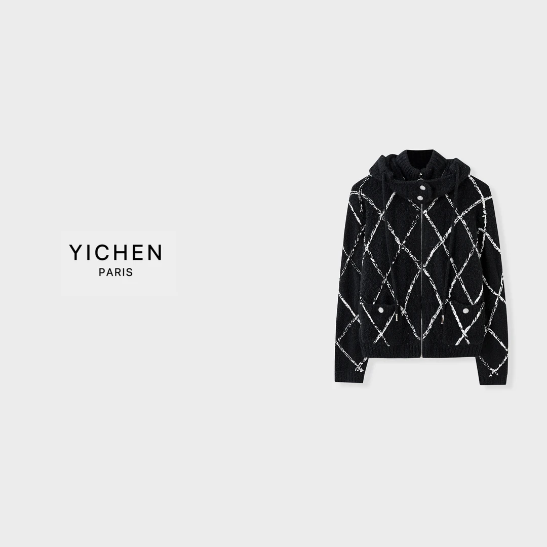 YC 滑雪系列手钩菱格提花双口袋连帽冬款双色针织外套-2929