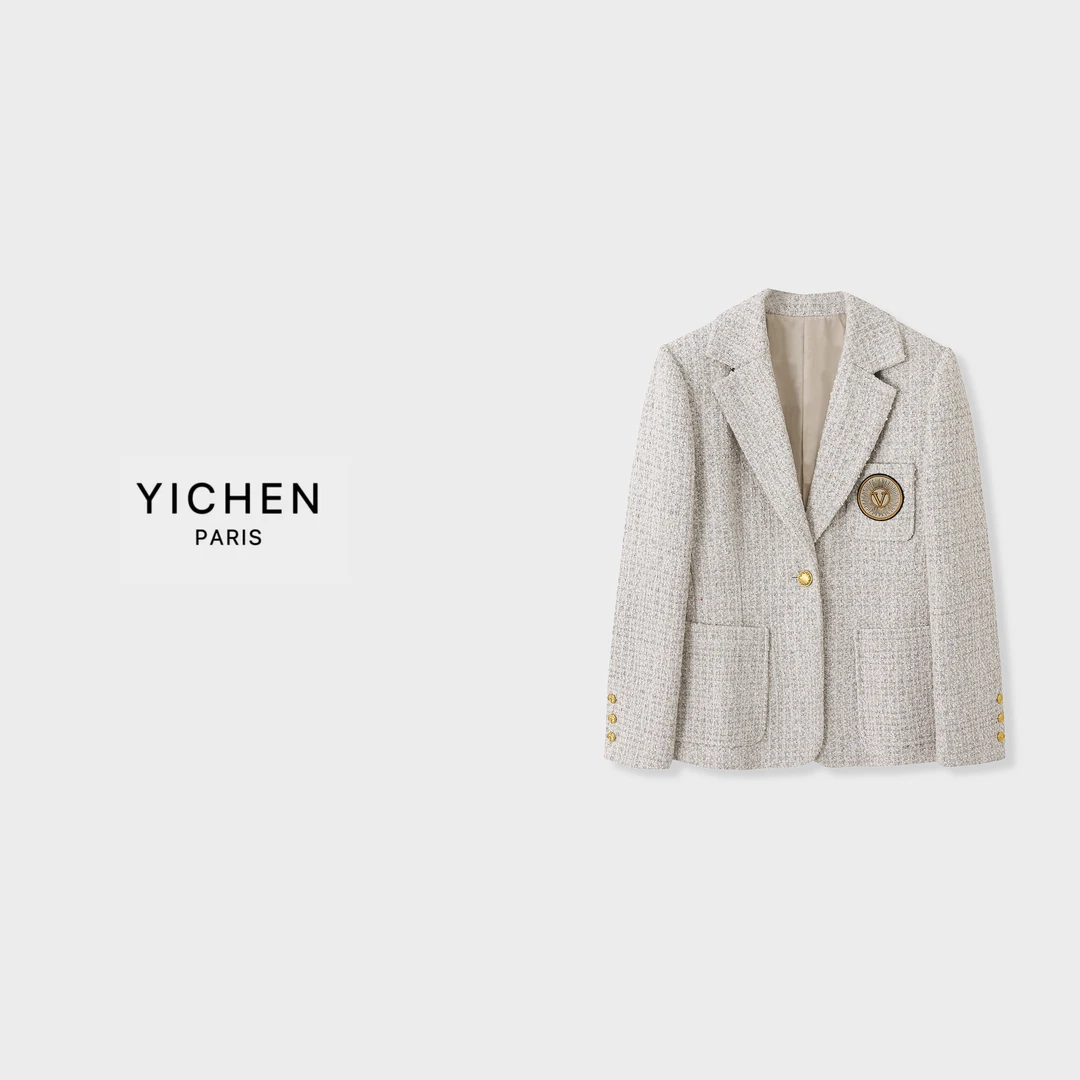 YC 徽章刺绣一粒扣流苏粗花呢双口袋西装外套-1715