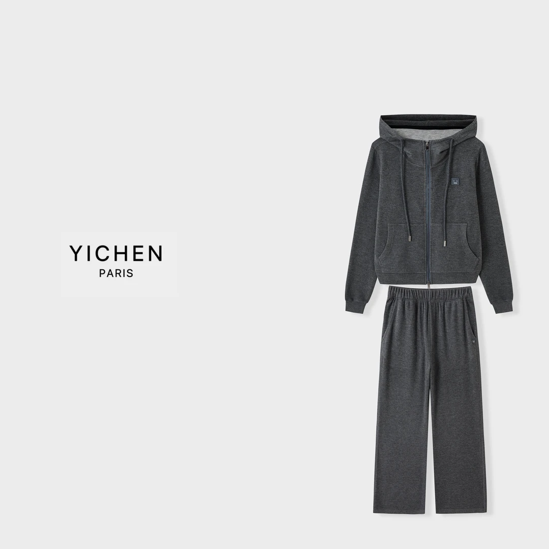 YC 深灰色笑脸徽标连帽抽绳休闲外套/阔腿休闲裤-1776