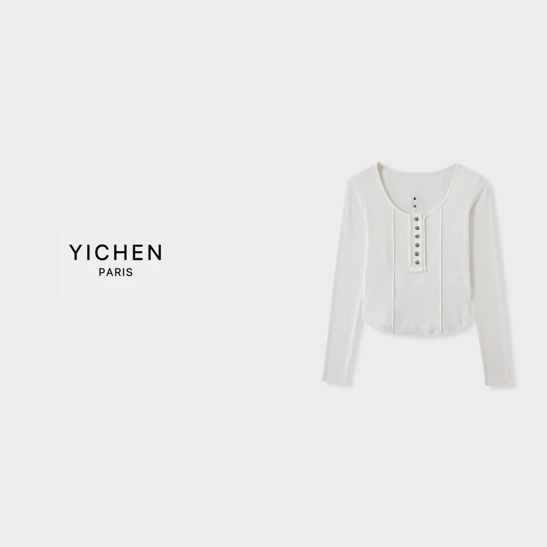 YC 复古U领拼接修身徽标装饰黑/白双色打底衫-3227