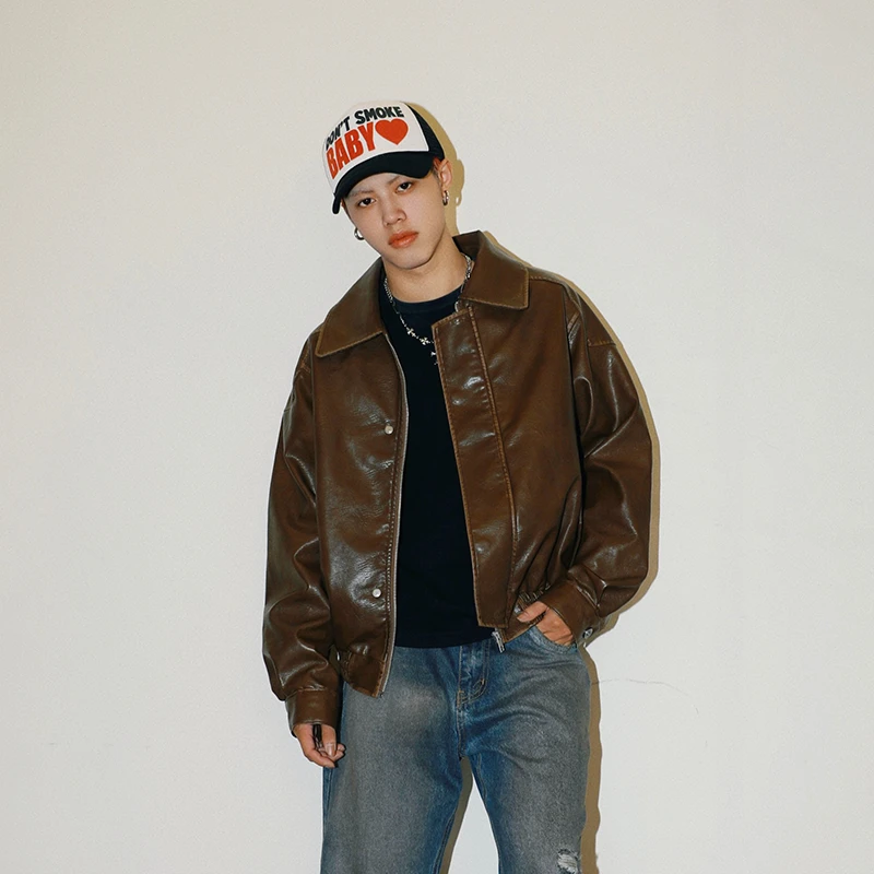 【EME】秋季新品男装美式休闲宽松复古皮面美拉德外套夹克男长袖