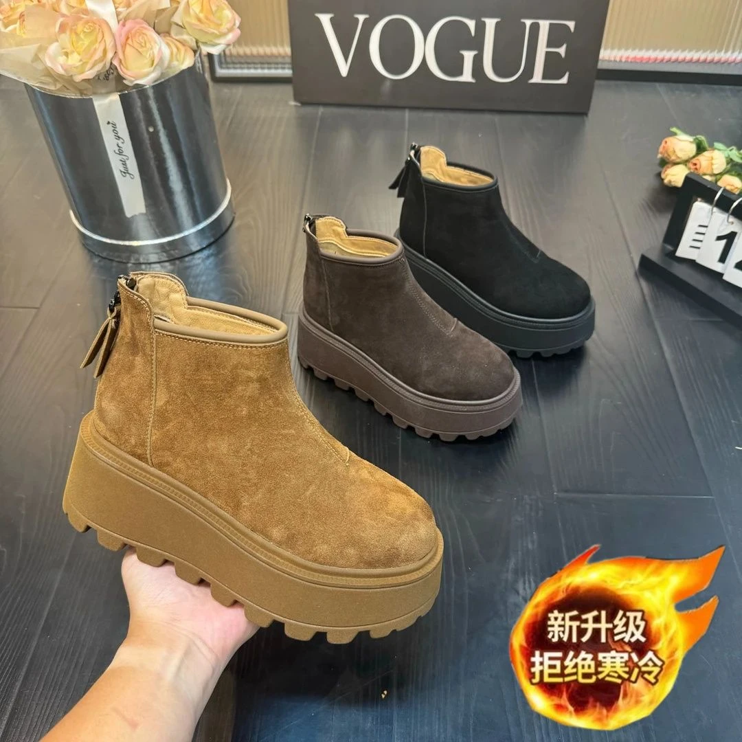 复古磨砂大头马丁靴女2024秋冬新款松糕厚底加绒保暖后拉链小短靴