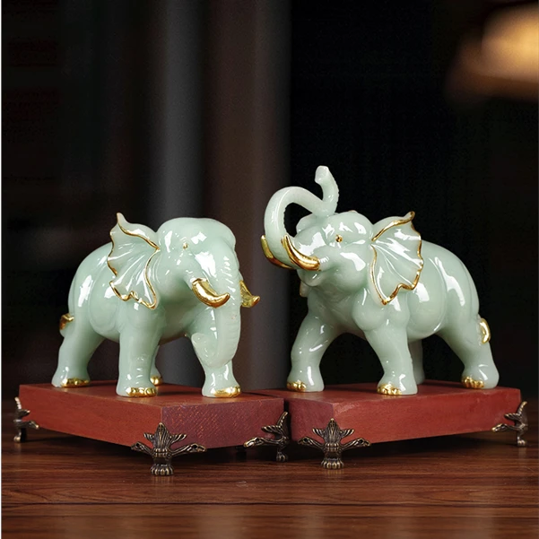 玉石招财大象摆件公母一对客厅吸水电视柜玄关新房子乔迁礼物