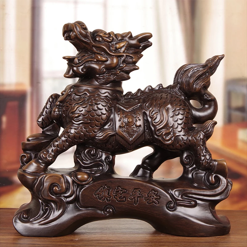 实木招财送子麒麟摆件家居客厅玄关办公室风水装饰手工艺礼品