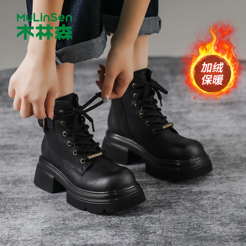 木林森女鞋2023冬季新款加绒短靴女厚底粗跟英伦风休闲百搭马丁靴