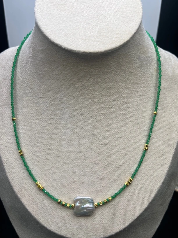 天然巴洛克方型珍珠2m绿色项链