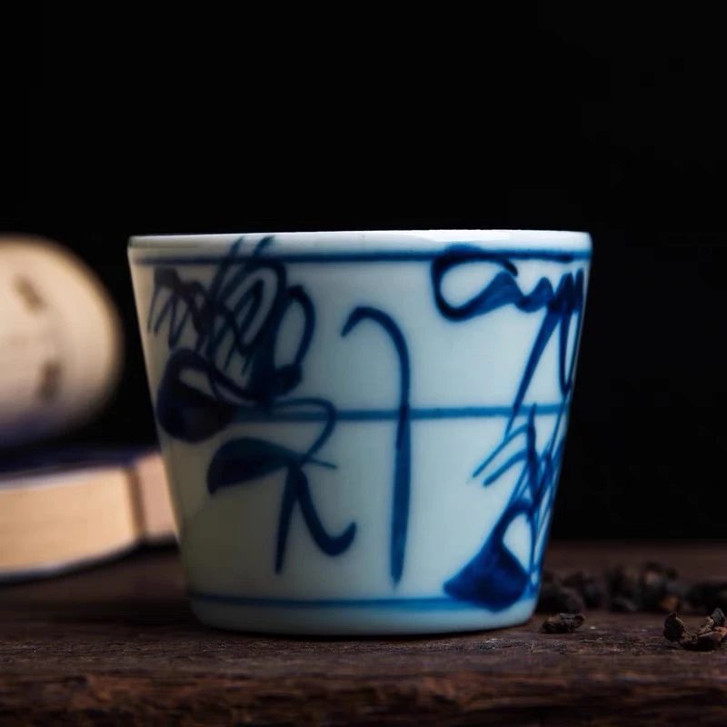 景德镇古窑青花釉下彩（气窑）手绘直口茶杯品茗杯主人杯功夫茶具