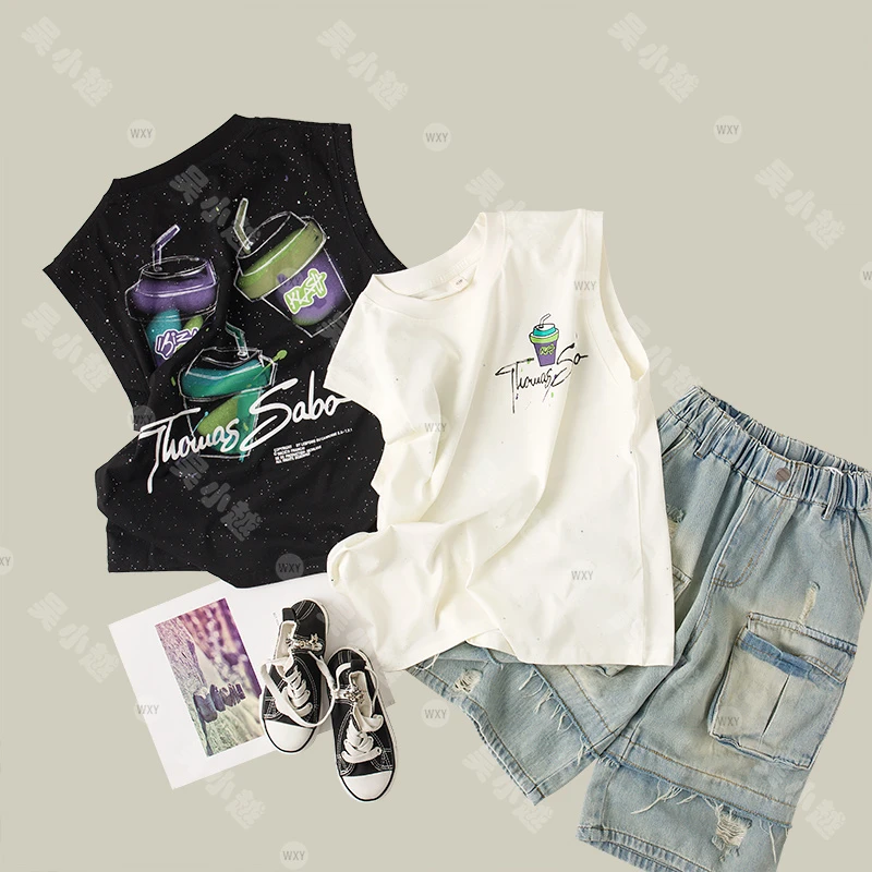 吴小越w561男童背心无袖T恤2024款撒银儿童夏季数码印花