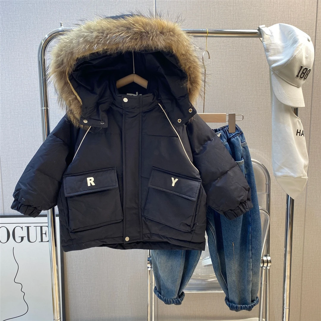 （现货）zb959男童高货冬款加厚连帽毛领羽绒服110-150中长款休闲
