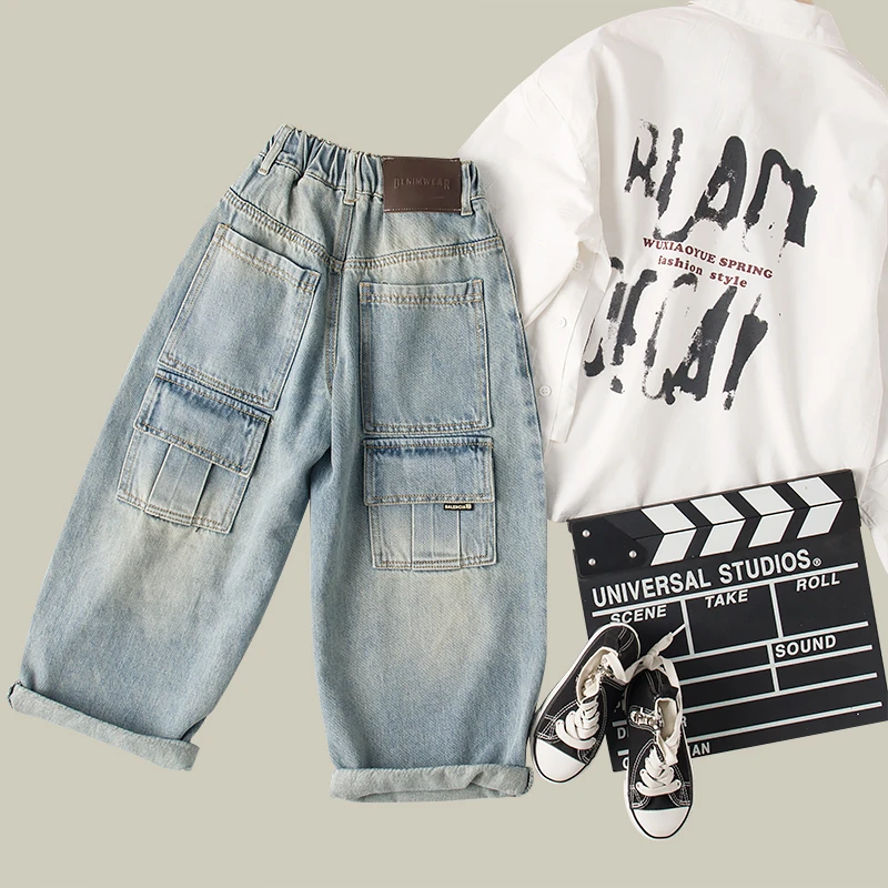 吴小越w340男童牛仔裤春季儿童工装多口袋时髦中大童装帅气男孩春