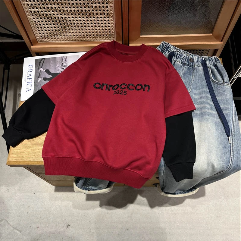 吴小越w911男童加厚年货红色卫衣韩版宽松儿童上衣男孩冬装潮牌