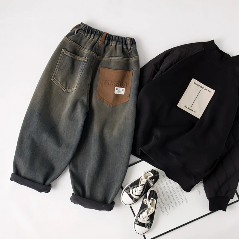 吴小越w263男童加绒牛仔裤贴标重影砂洗一体绒秋冬款裤子加厚韩版