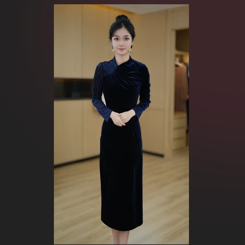 【冰川蓝调】秋冬新款气质显瘦中长款时尚连衣裙高贵优雅