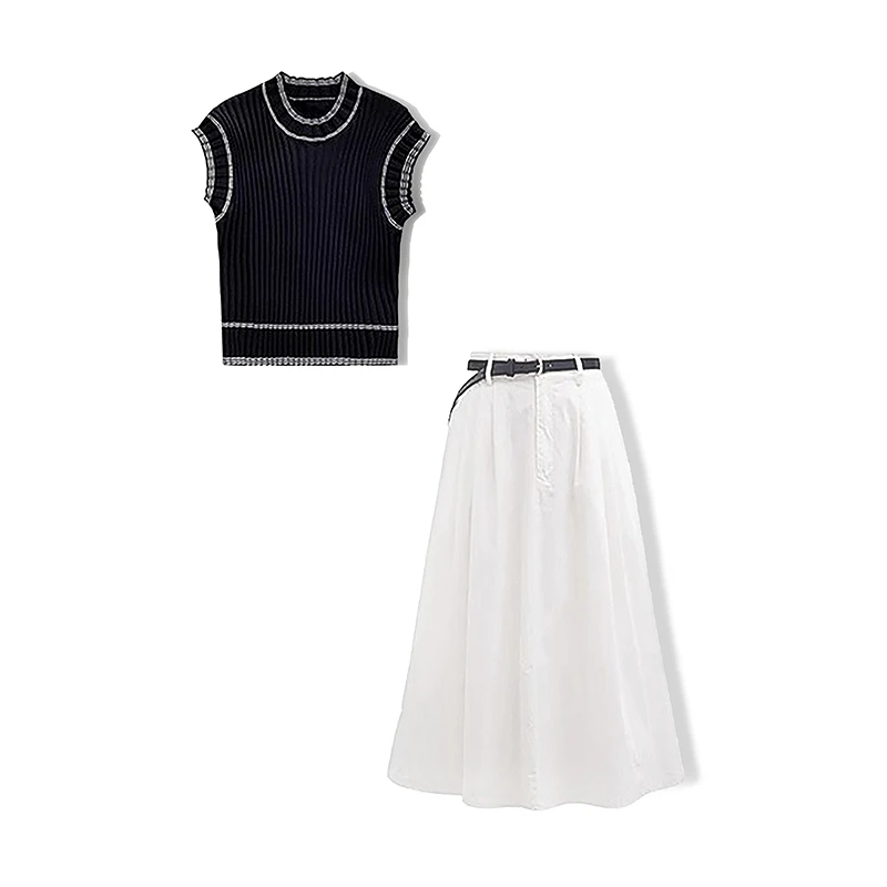 【玫瑰穿搭】安排腰带夏装搭配一整套法式针织女裙子两件套装1581