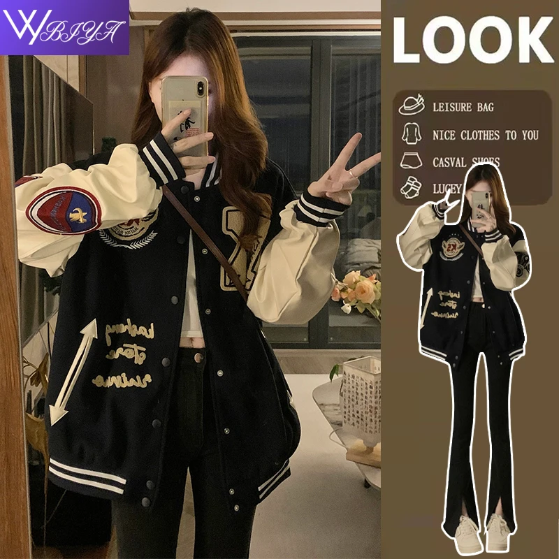 W刺绣棒球服外套少女春秋装2024新款学生宽松百搭夹克开衫-W0217