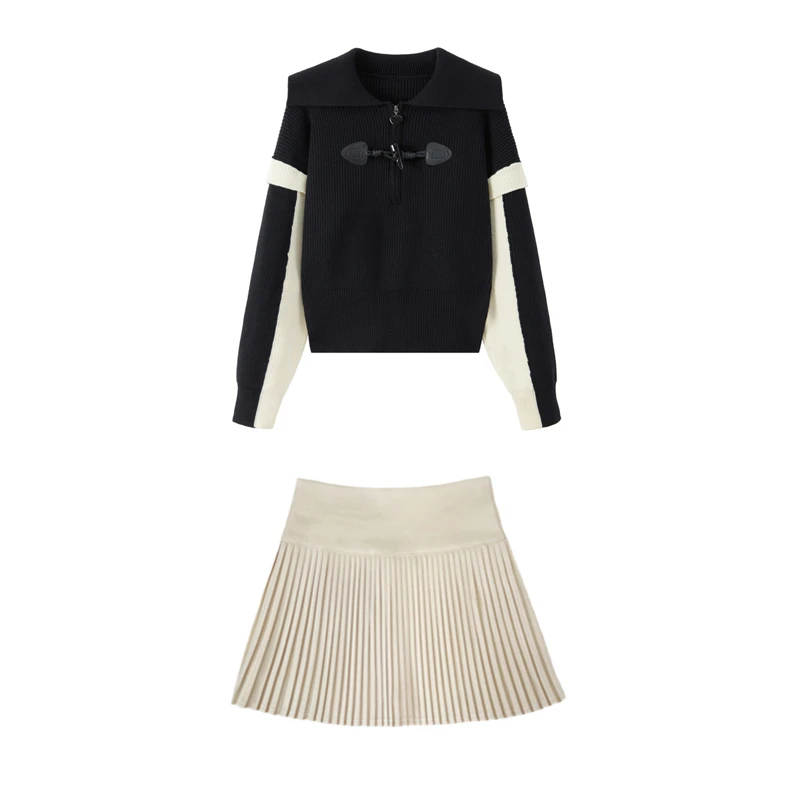 春秋装搭配一整套针织开衫毛衣外套女款百褶半身裙两件套装1899