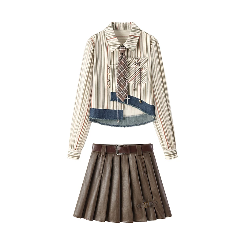春秋穿搭一整套女新款设计感条纹拼接衬衫美式复古皮裙两件套2000