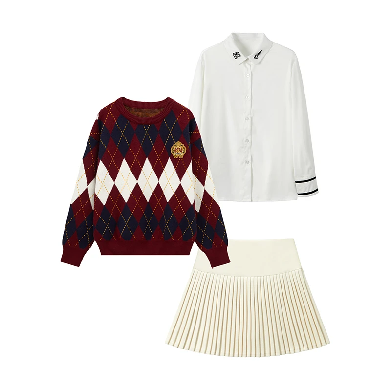春秋穿搭一整套女新款菱格毛衣刺绣衬衫百褶半身裙子三件套P1901