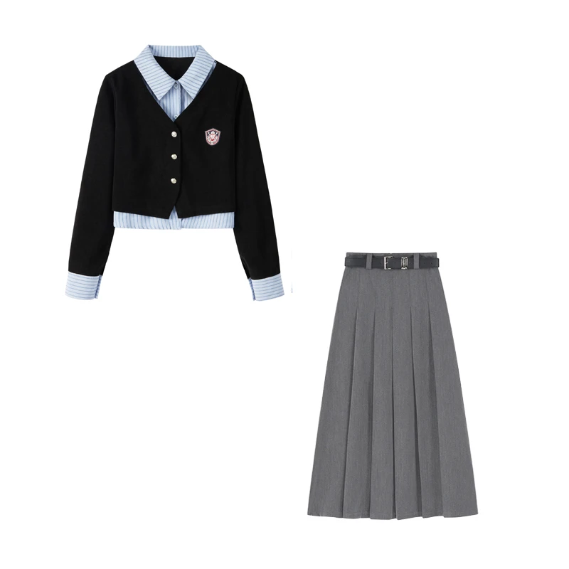 有腰带【宝藏衣橱】秋装搭配一整套假两件上衣女半身裙三件套装1798