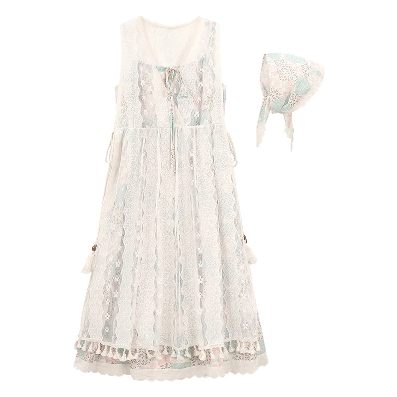 碎花度假风甜美吊带连衣裙叠穿蕾丝网纱罩衫裙头巾气质三件套1720