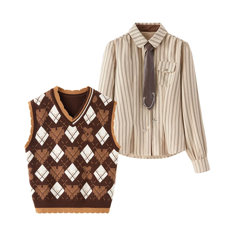 春秋穿搭一整套女新款美式复古设计感条纹衬衫菱格马甲两件套2002