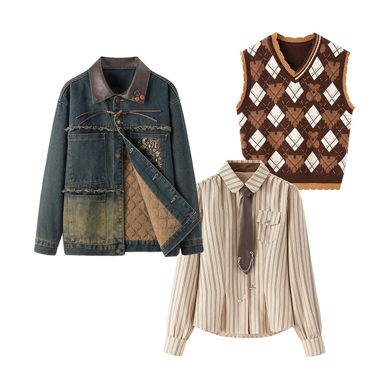 穿搭一整套女春秋冬新款设计感牛仔外套条纹衬衫马甲三件套1996