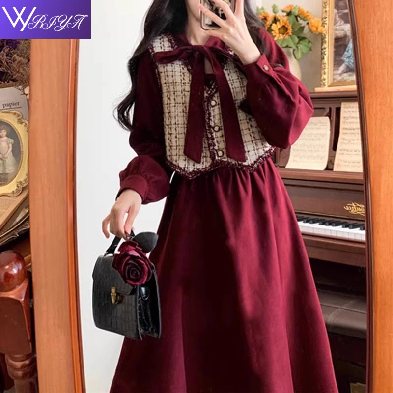 灯芯绒长袖连衣裙少女生秋冬装2025新款学生宽松长裙子套装-W0511