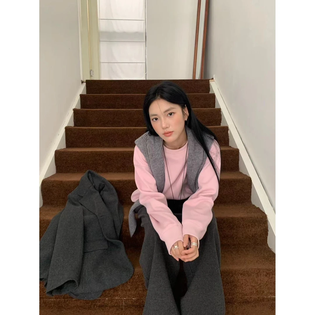 L-A052#气泡#韩系极简休闲通勤宽松长袖加绒卫衣（配皮挂饰)（福利）