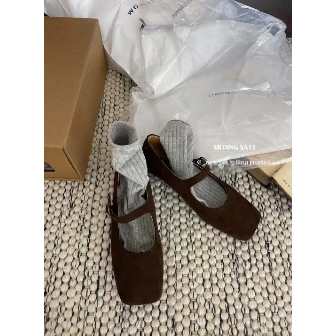 J-1588-10#复古方头绒面一字扣玛丽珍气质平底单鞋