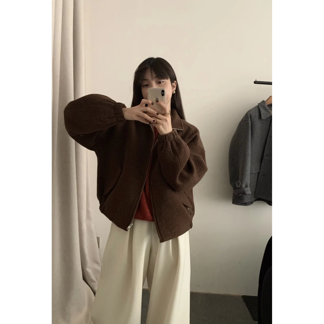 J-6657#YOUR#韩系极简风立领毛呢百搭拉链外套（福利）