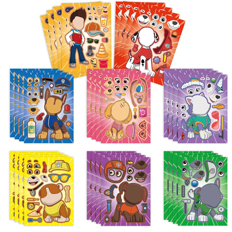 8张汪汪队拼图换脸贴纸卡通动画片狗狗救援队儿童益智涂鸦IY贴画