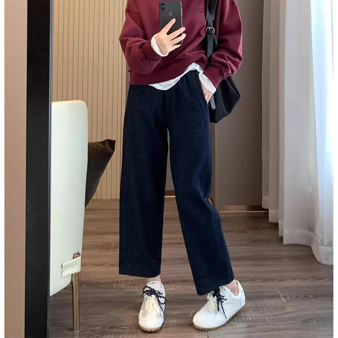 深蓝色直筒牛仔裤女秋冬新款大码胖mm梨形身材高腰显瘦宽松直筒裤