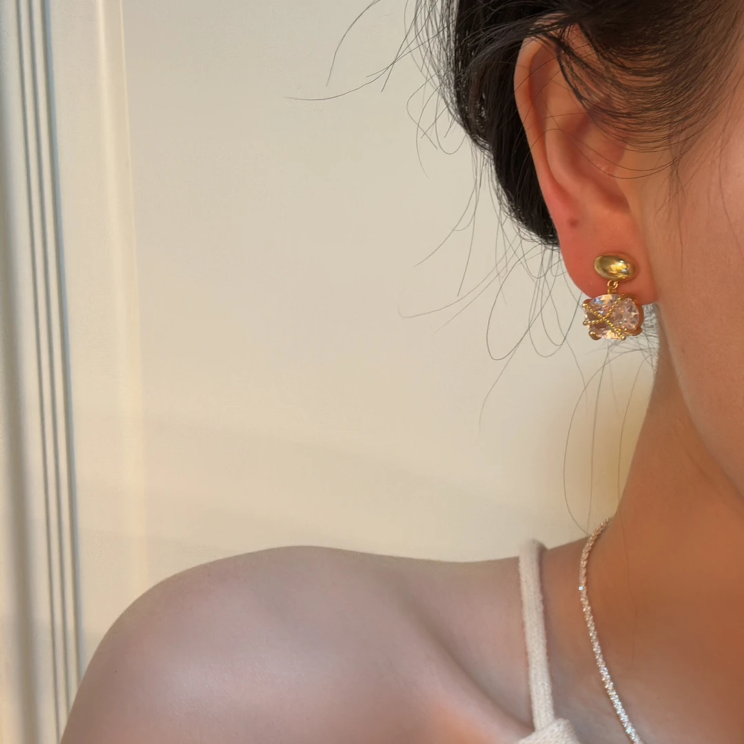 铜合金耳饰 Q267轻奢锆石耳坠蚊香盘无耳洞耳夹几何法式设计感