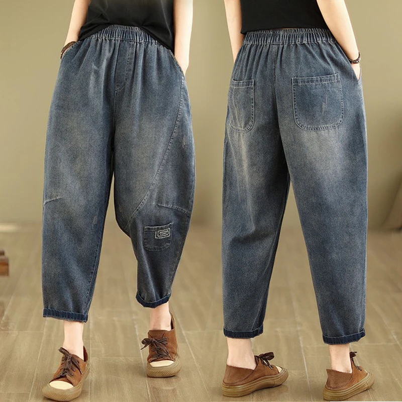 秋冬季新款复古刺绣牛仔裤女松紧腰贴布萝卜裤胖mm宽松九分哈伦裤