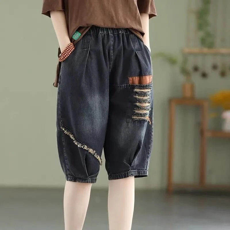 夏季薄款五分松紧牛仔裤女宽松2024新款大码深色拼接哈伦中裤子