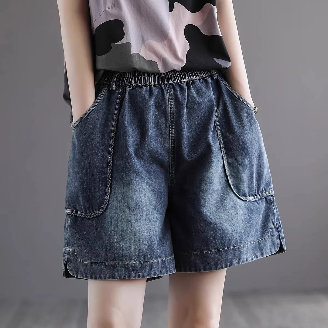 夏季大口袋牛仔短裤女薄款水洗大码文艺复古宽松显瘦大码阔脚裤子