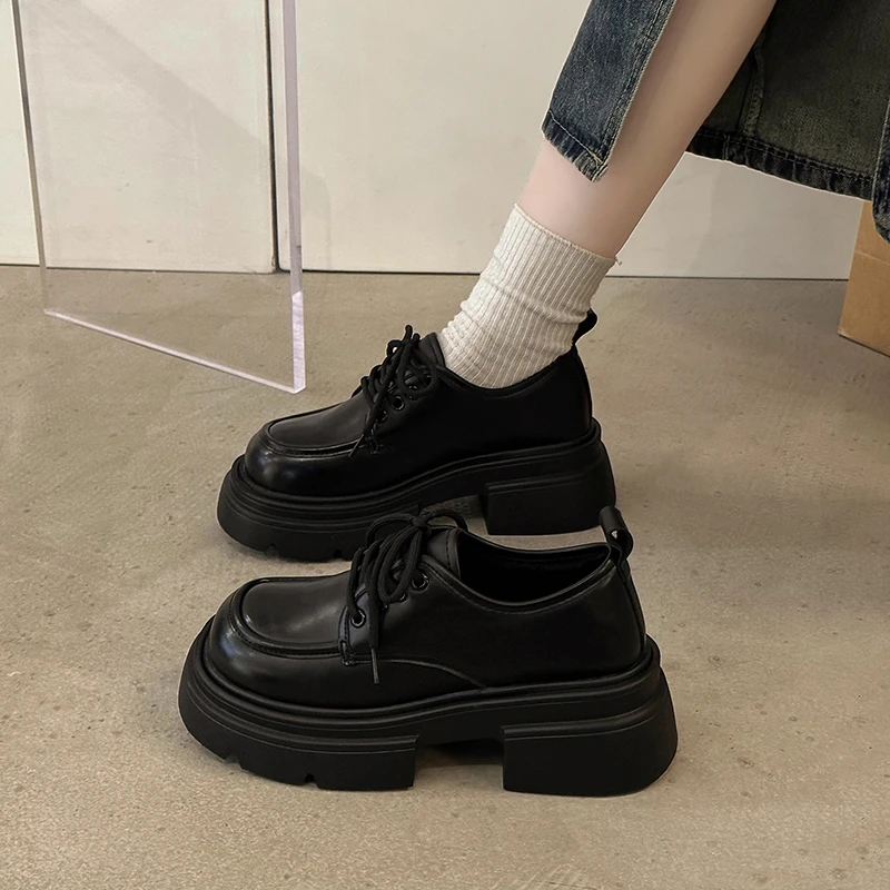 红蜻蜓牌英伦风大头小皮鞋女2023年秋冬新款复古系带厚底日系加绒