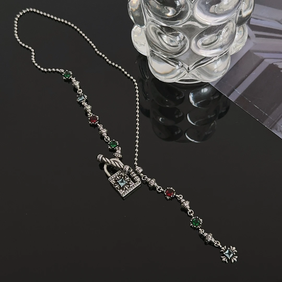 溥畔 铜合成锆石项链 新款铜彩色锆石锁OT扣项链嘻哈朋克风配饰