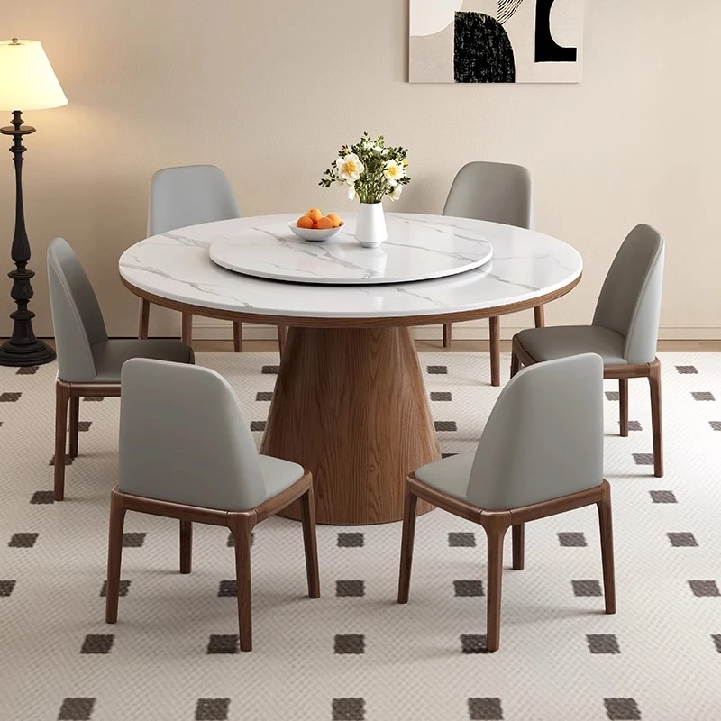 白蜡木中古风圆形餐桌带转盘胡桃色圆桌家用小户型设计师实木餐桌