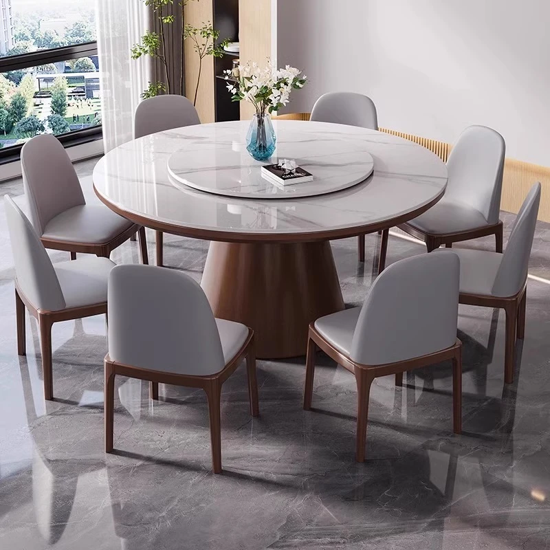 岩板餐桌椅组合现代简约轻奢家用带转盘大圆桌实木电磁炉圆形饭桌