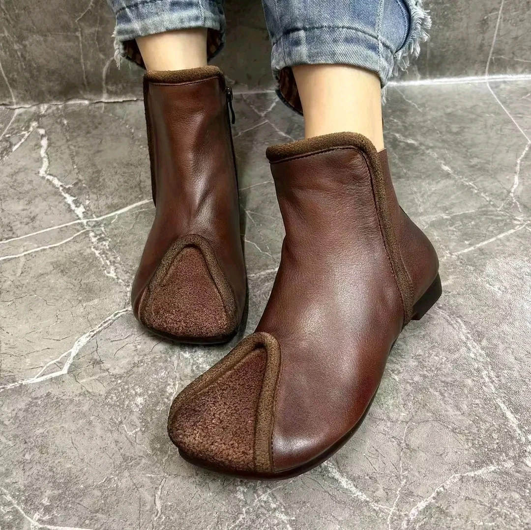 秋季新品复古时尚牛皮平底舒适百搭休闲短靴软皮软底8099-2