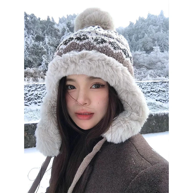 毛绒针织毛线帽女2024年秋冬天包头加厚加绒保暖防耳雷锋绒帽帽子